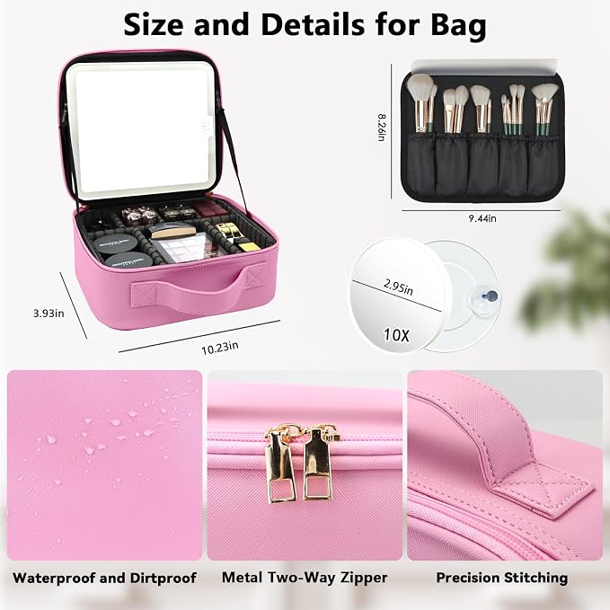 Travel Makeup Bag with LED Mirror and 10x magnifying glass with 3 Lighted - Image 5