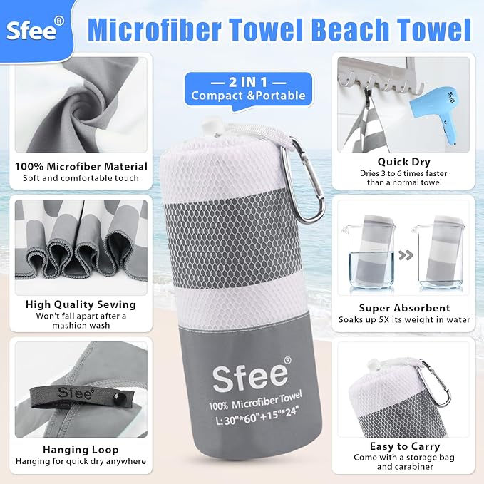 Sfee 2 in 1 Microfiber Oversized Beach Towel, Quick Dry Towel Travel Towel - Image 2