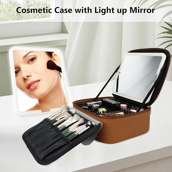Travel Makeup Bag with LED Mirror Travel Makeup Organizer with 3 Lighted - Image 3