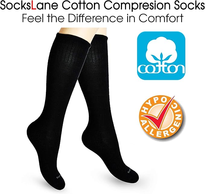 Cotton Compression Socks for Women & Men. 15-20 mmHg Support Knee-High Black - Image 2