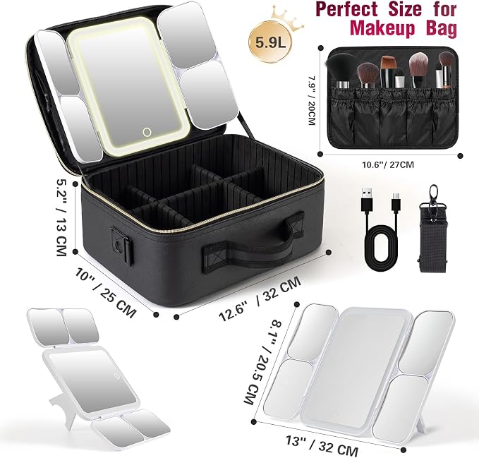 Mid-Size Makeup Bag with LED 1X5X10X20X30X Magnifying Mirror and Travel Makeup - Image 5