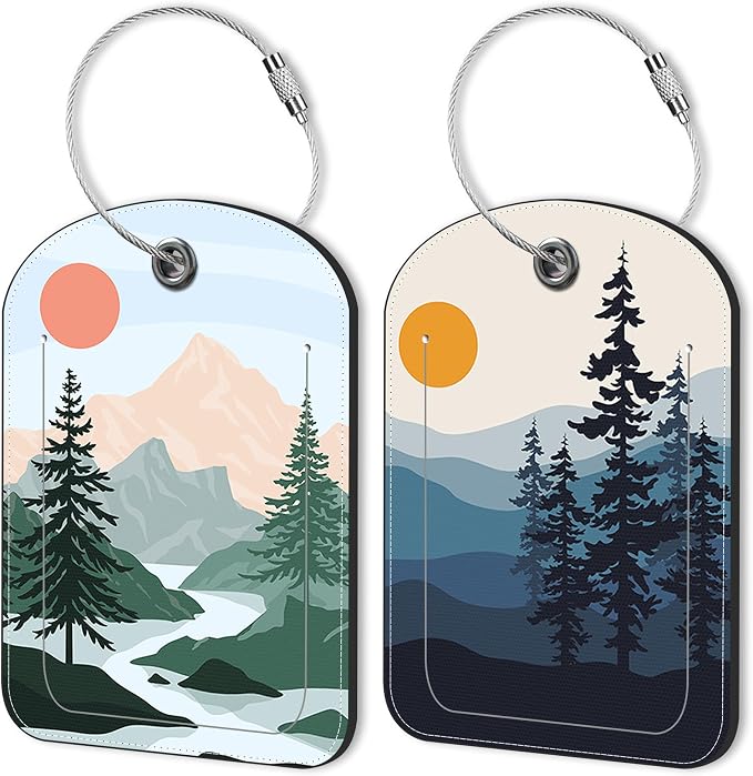 2 Pack Luggage Tag for Suitcase Sun Mountains Tree River Landscape Leather by Unknown