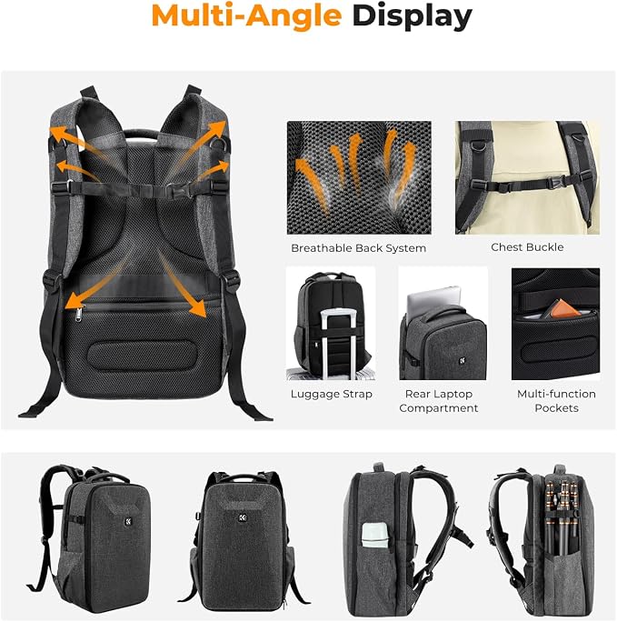 K&F Concept Camera Backpack, Hardshell Photography DSLR Camera Bag - Image 4