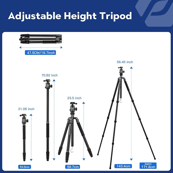 Fotopro 68" Camera Tripod for DSLR, Heavy Duty Compact Travel Tripod - Image 3