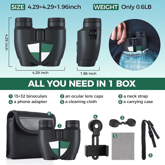 15x32 Compact Binoculars for Adults and Kids, High Power Lightweight Small - Image 7
