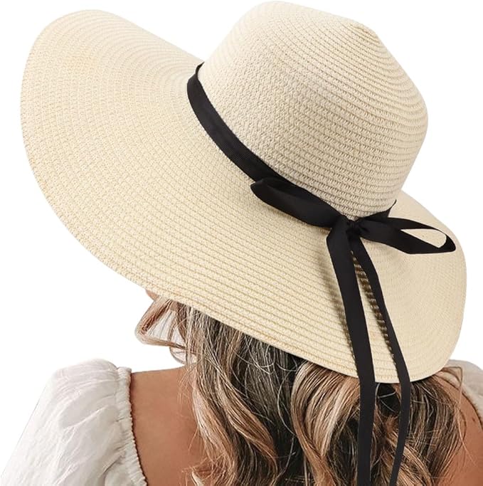 DRESHOW Beach Hats for Women Big Straw Wide Brim Summer Hat Floppy Foldable by DRESHOW
