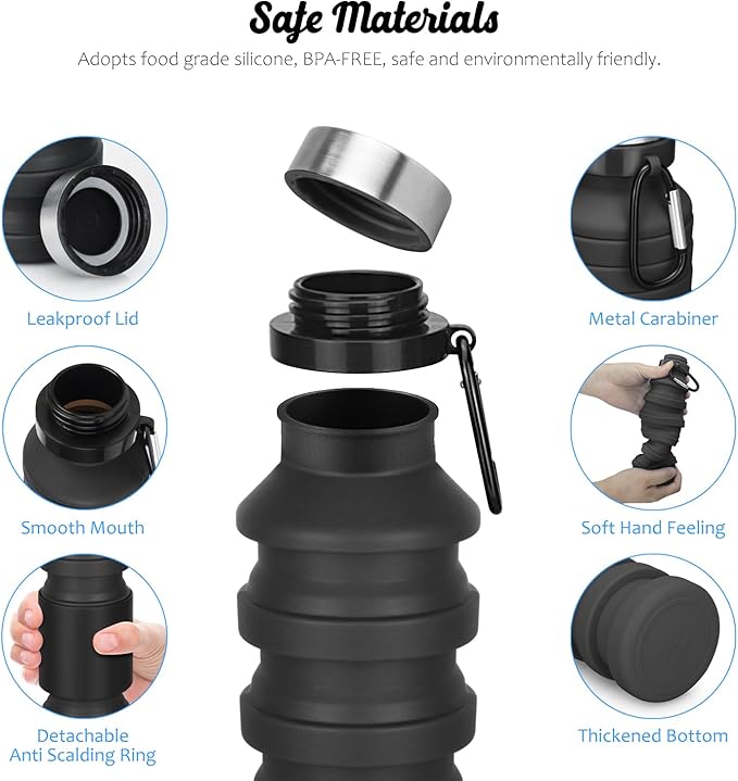 Nefeeko Collapsible Water Bottle, Reuseable BPA Free Silicone Foldable Water - Image 3