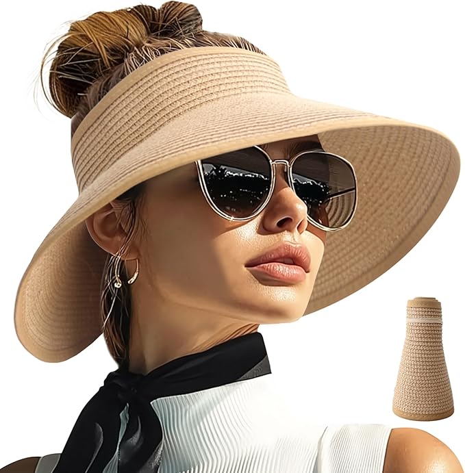 PFFY Sun Hats for Women Straw Beach Hat Packable Foldable Wide Brim Ponytail by Unknown