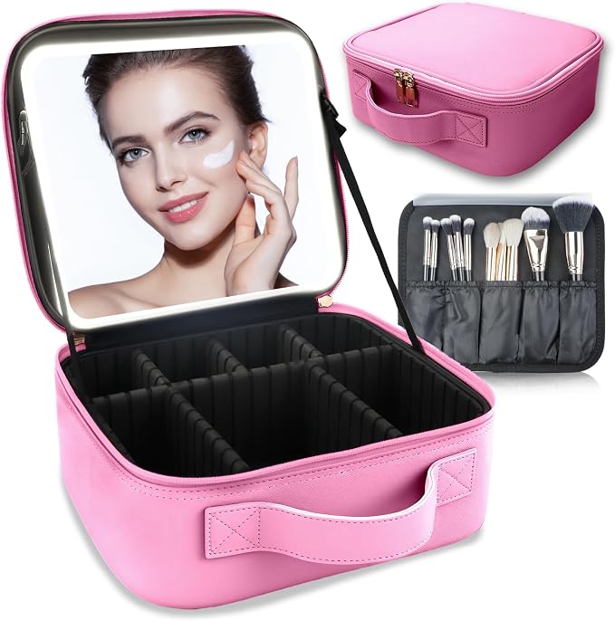 Makeup Bag with Led Mirror, Travel Makeup Organizer with 3 Color Setting by SUILU