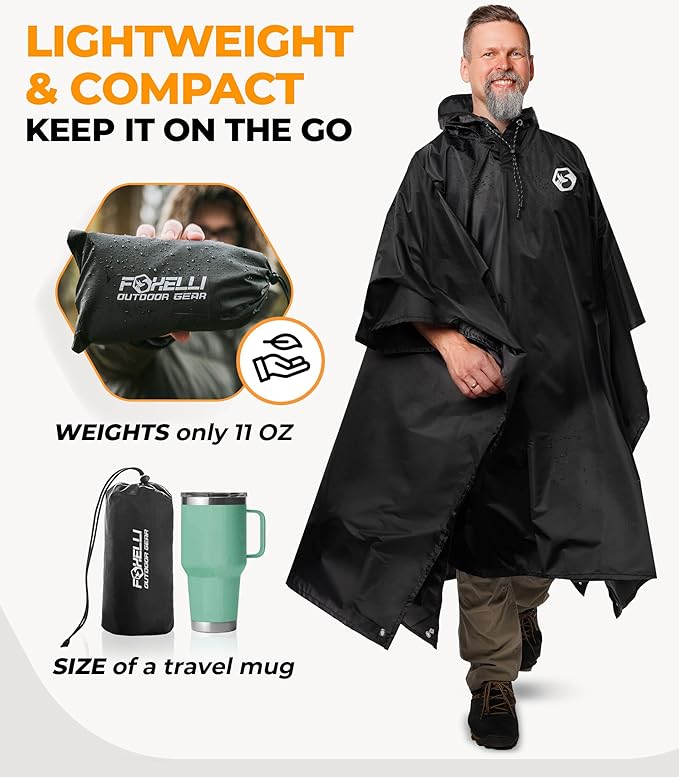 Foxelli Rain Poncho for Adults – Extra Long Reusable Waterproof Raincoat - Image 3