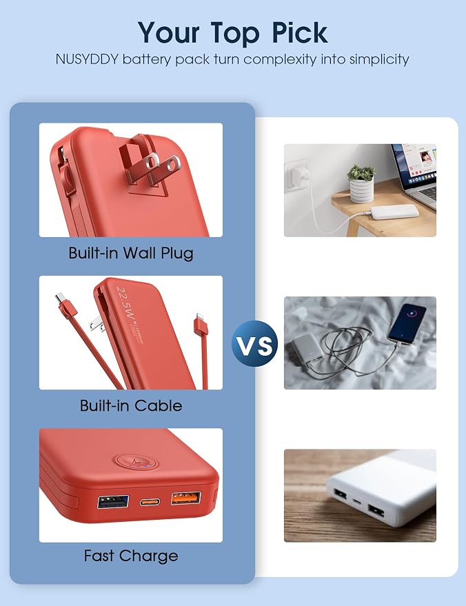 Portable Charger with Built in Cable and AC Wall Plug, USB C Power Bank - Image 3