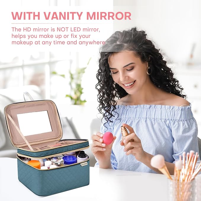 Large Makeup Bag with Mirror Double Layer Travel Make Up Organizer Case - Image 3