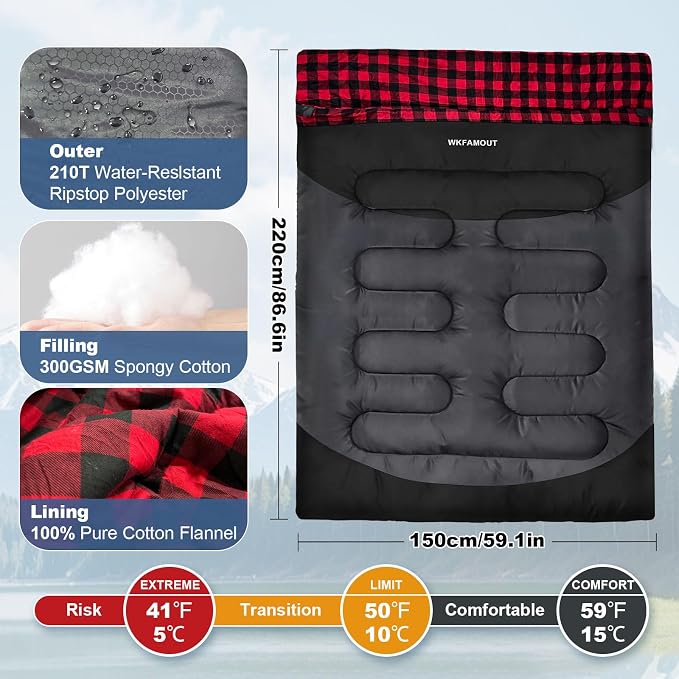 Double Sleeping Bag for Adults Machine Washable 2 Person Camping Sleeping Bag - Image 2