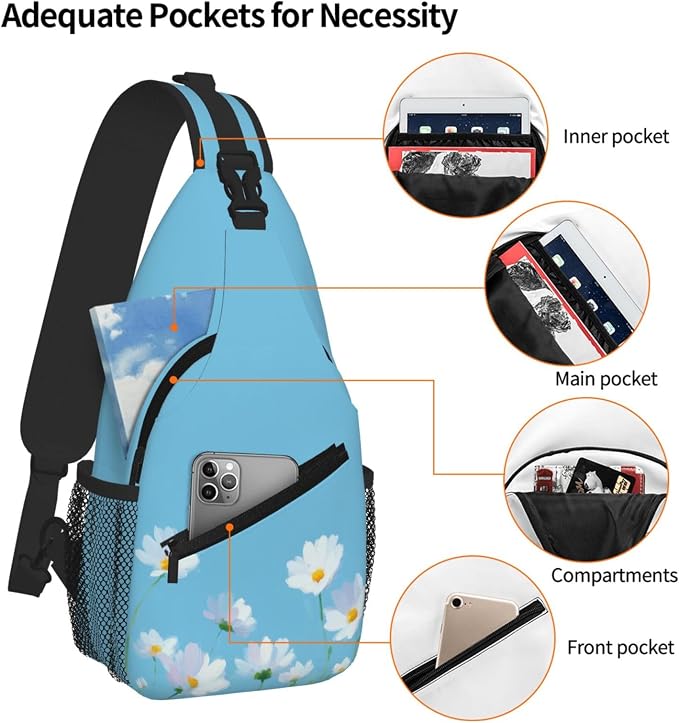 Sling Bag White Flower Blue Summer Hiking Daypack Crossbody Shoulder Backpack - Image 4