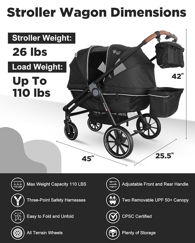 Tandem Wagon Stroller–All-Terrain 2-in-1 Push&Pull Design, Double Seat - Image 2