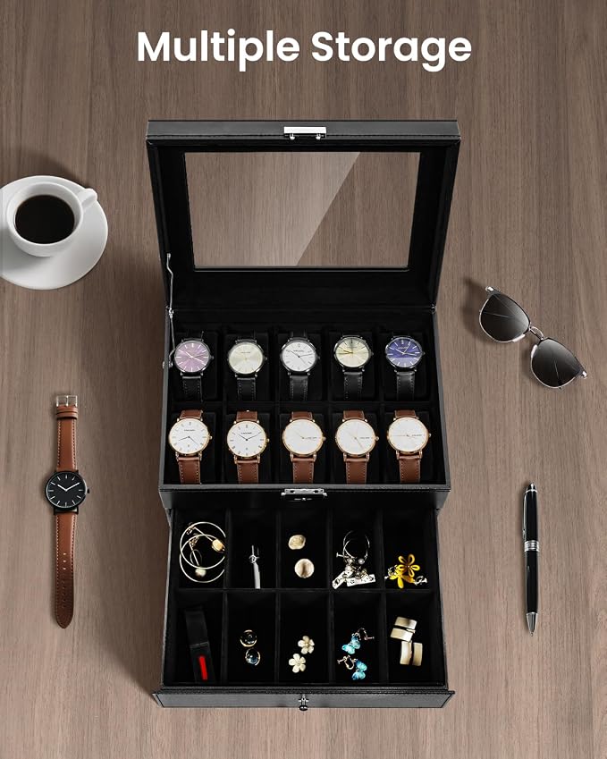 Uten 20-Slot Watch Box, 2-Layers PU Leather Watch Case - Image 4