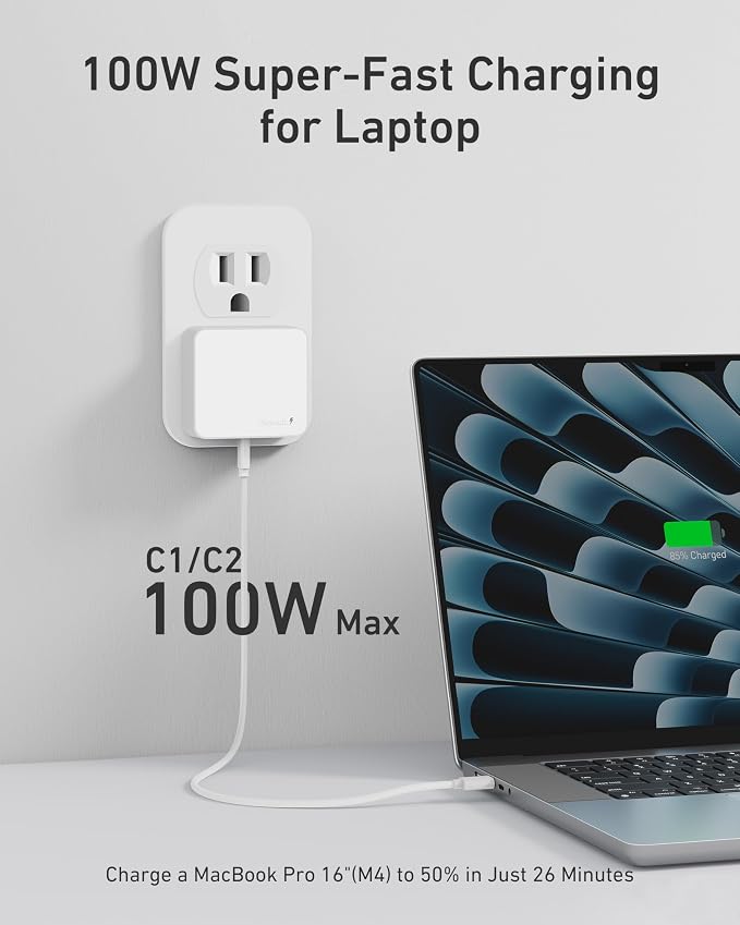 Nekmit 100W Flat USB C Charger Block, 3-Port GaN Fast Wall Charger, USB C Wall - Image 2