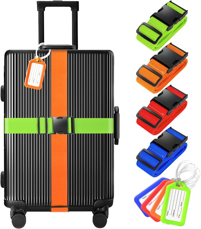 8 Pack Luggage Straps and Tags Set, Luggage Straps by Gostwo