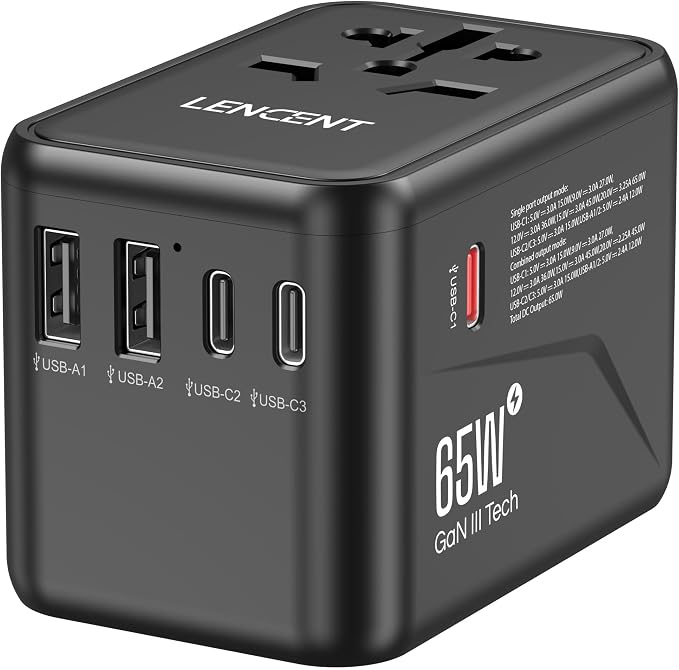 LENCENT Universal Travel Adapter, GaN III 65W International Charger by LENCENT
