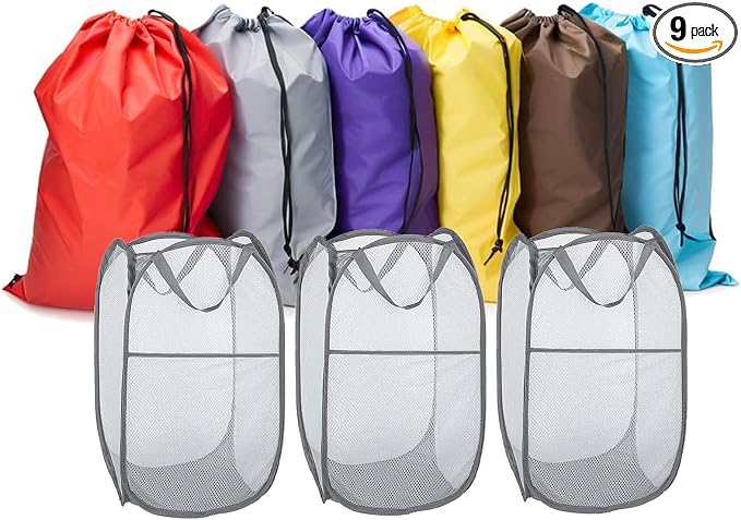 Pop Up Hampers 3 Pack with Extra Large Laundry Bags 6 Pack, Varied Colors by YETHAN