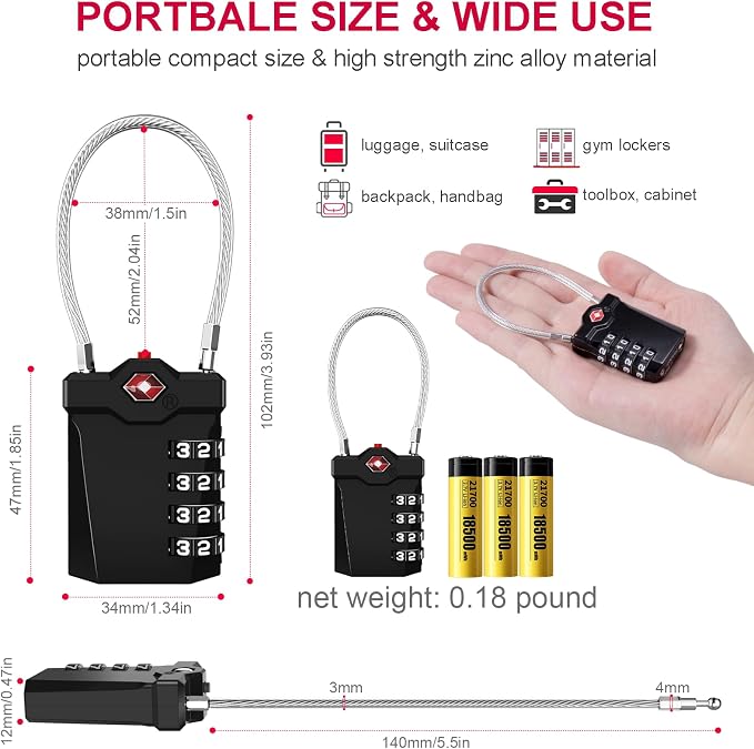 ZHEGE Travel Locks TSA Approved, 4 Digit Cable Luggage Locks - Image 5