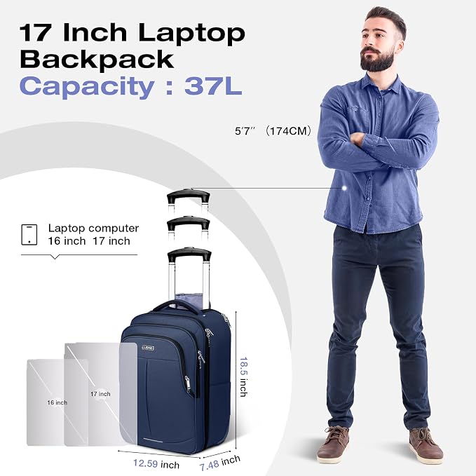 Rolling Backpack for Adults, 17 Inch Waterproof Carry-on Backpack - Image 7