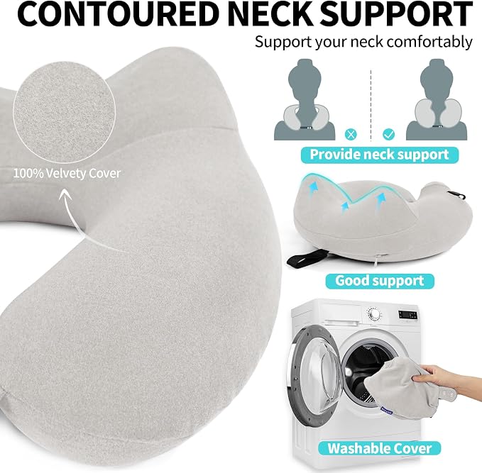 Inflatable Travel Neck Pillow for Airplane, Head Support Velvet Adult Neck - Image 3