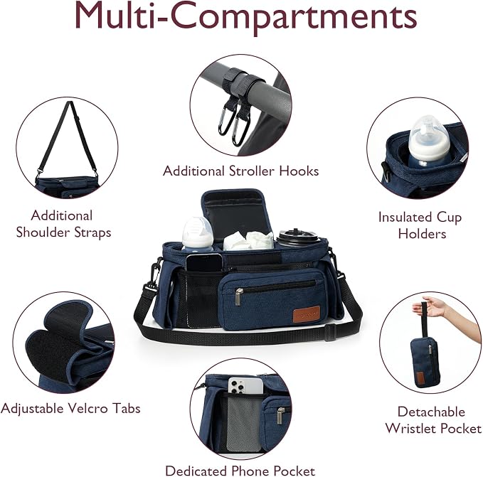 Momcozy Universal Baby Stroller Organizer, 2 Insulated Cup Holder, Detachable - Image 2