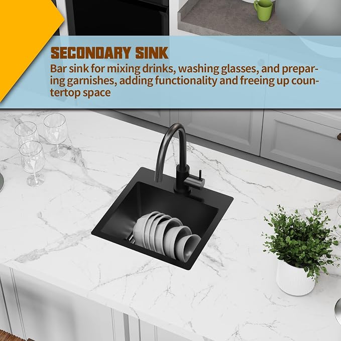Small Black Kitchen Sink, 15x15 Inch Stainless Steel Drop In Topmount Kitchen - Image 6