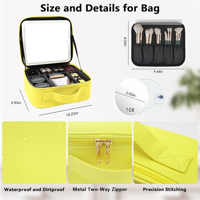 Travel Makeup Bag with LED Mirror and 10x magnifying glass with 3 Lighted - Image 5