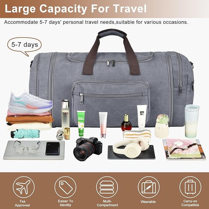 Felipe Varela 60L Duffle Bag for Men, Large Expandable Canvas Duffel Bag for - Image 4