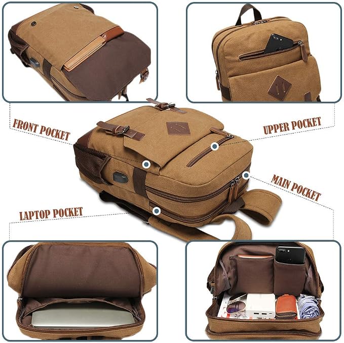 Canvas Backpack for Men Women, Vintage Rucksack Fits Most 15.6 Inch Laptop - Image 4