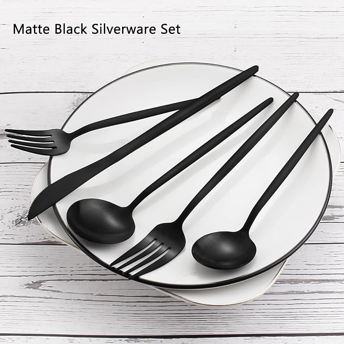 Matte Black Silverware Set, VANVRO 40-Piece Stainless Steel Flatware Set - Image 3