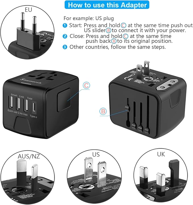 Universal International Travel Power Adapter W/High Speed 2.4A USB, 3.0A Type-C - Image 5