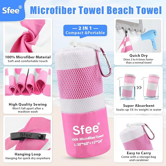 Sfee 2 in 1 Microfiber Oversized Beach Towel, Quick Dry Towel Travel Towel - Image 2