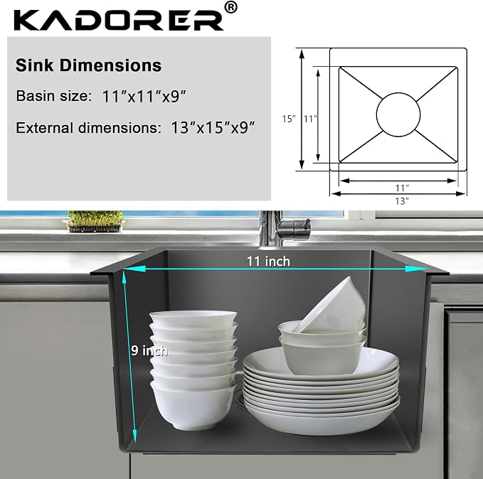 13 x 15 Inch Black Drop In Small Kitchen Sink, Single Bowl Topmount Bar Prep - Image 3