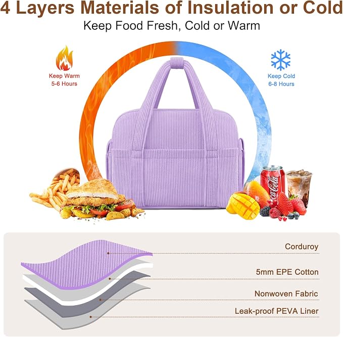 Corduroy Lunch Box Lunch Bag for Women Men, Cute Strawberry Small Insulated - Image 3
