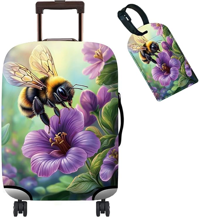 Luggage Cover + Tag, Bee Purple Flowers Travel Suitcase Cover by BWEGRHE