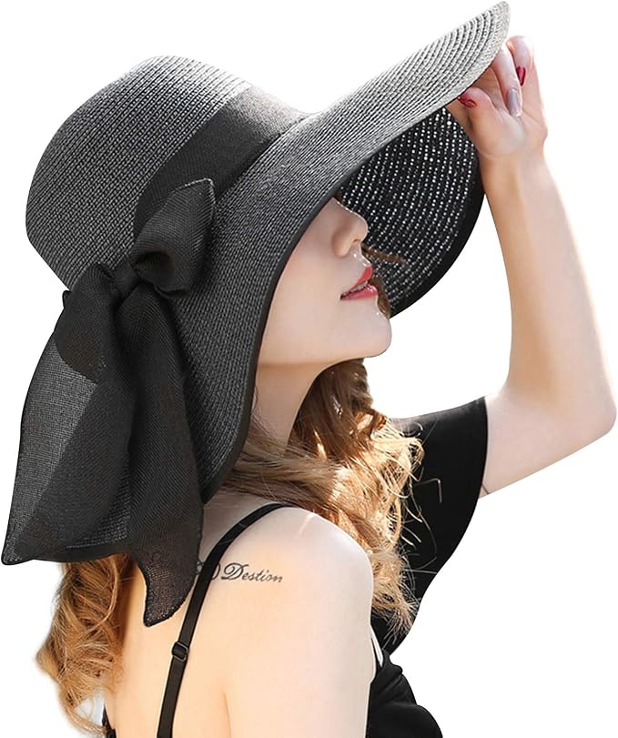 DRESHOW Beach Hats for Women Big Straw Wide Brim Summer Hat Floppy Foldable by DRESHOW