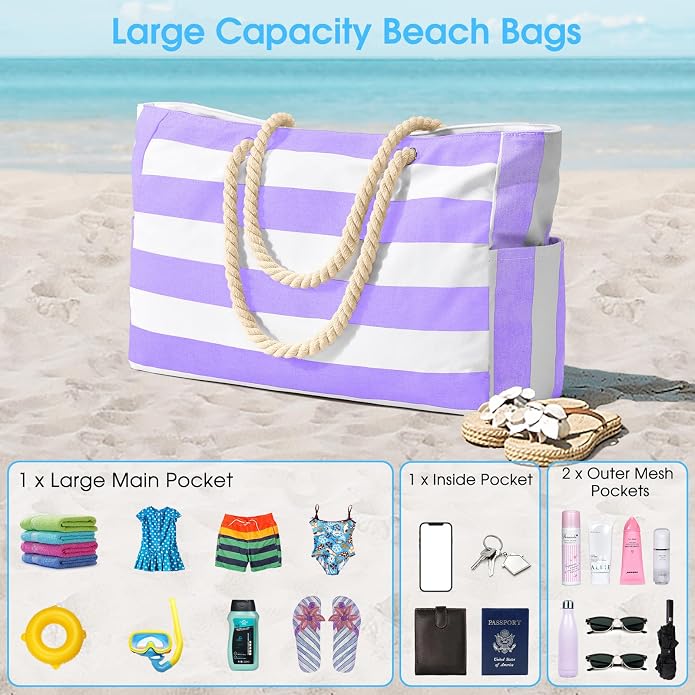 Becokan Beach Bags for Women Large Waterproof Beach Tote Bag Zipper Beach Bags - Image 5