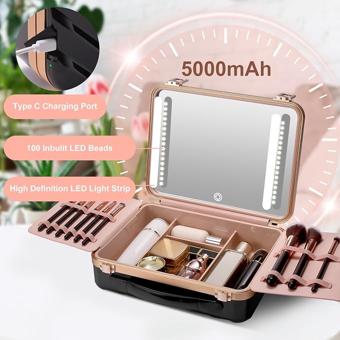 Mocado Travel Makeup Case with Lighted Mirror, Makeup Box with 8 Makeup Brushes - Image 2