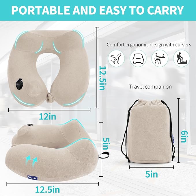 Inflatable Travel Neck Pillow for Airplane, Head Support Velvet Adult Neck - Image 2
