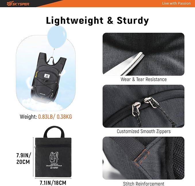 SKYSPER 15L/20L Foldable Hiking Backpack Lightweight Packable Travel Daypack - Image 3