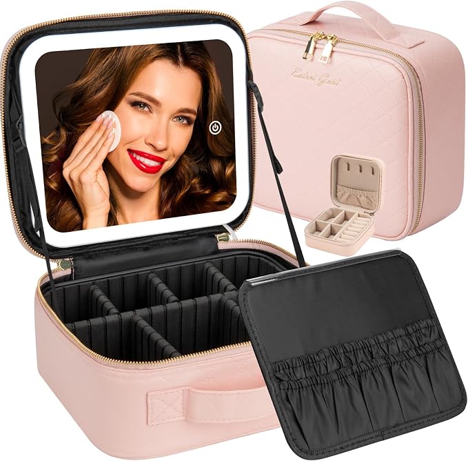 Makeup Travel Train Case with Mirror LED Light 3 Adjustable Brightness Cosmetic by Extrei+Gent