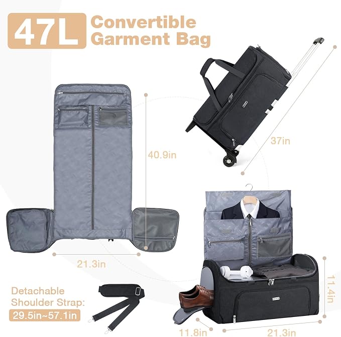 Garment Bags with Wheels, Garment Convertible Weekender Bags, Large Garment Bags - Image 2