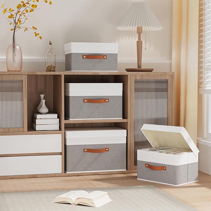 Fabric Storage Bins with Lids, 3 Pack Linen Foldable Cloth Baskets, 15 x 9.8 x - Image 2