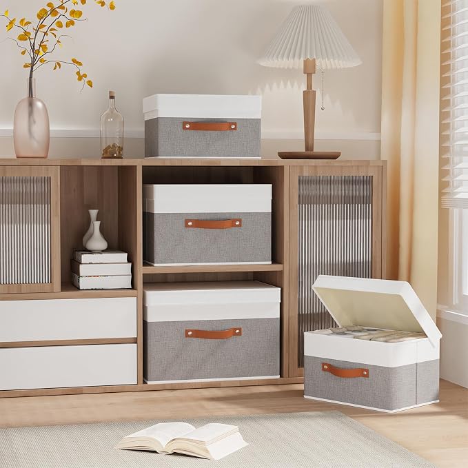 Fabric Storage Boxes with Lids, Linen Foldable Cloth Baskets, Closet Organizer - Image 2