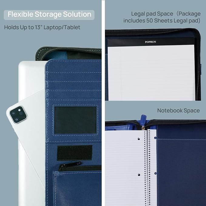 POPRUN Portfolio Binder with Zipper, Leather Padfolio Document Organizer with - Image 4