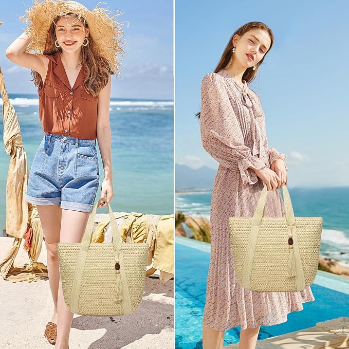 Straw Beach Bags for Women Woven Beach Tote Bag Casual Boho Large Shoulder - Image 2