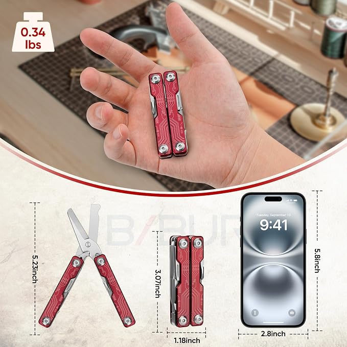 BIBURY Mini Keychain Multitool Scissors BI2061R, 9 in 1 Multitool EDC Scissors - Image 3